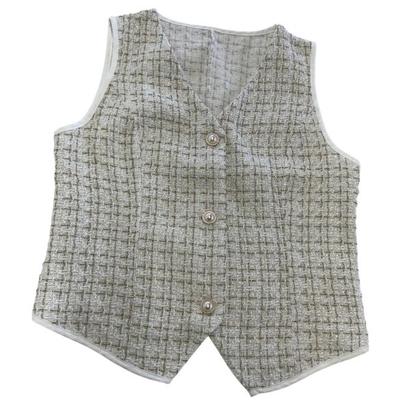 Rihoas Vest Womens Medium White Gold Tweed Pearl Button Sleeveless Dressy Top - Picture 1 of 7
